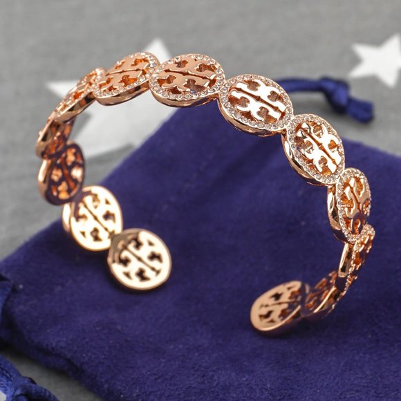 NEW Tory Burch Miller Pave Repeating Logo Cuff Bracelet Bangle in Rose Gold - Picture 2 of 5